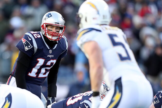 FOXBOROUGH, MASSACHUSETTS - JANUARY 13: Tom Brady #12 of the New England Patriots during the AFC Divisional Playoff Game against the Los Angeles Chargers at Gillette Stadium on January 13, 2019 in Foxborough, Massachusetts. (Photo by Adam Glanzman/Getty Images)