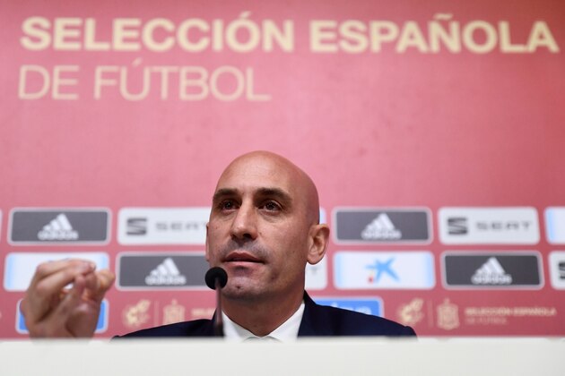 Spanish Royal Football Federation (RFEF) president Luis Rubiales gives a press conference on November 19, 2019 at Las Rozas football sports city near Madrid. - Luis Enrique will return as coach of Spain and replace Robert Moreno ahead of Euro 2020, the Spanish Football Federation (RFEF) confirmed on November 19, 2019. Moreno took charge in June after Luis Enrique had resigned to take care of his daughter Xana, who died in August of bone cancer.