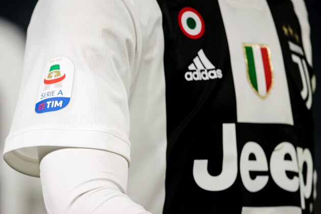 TURIN, ITALY - DECEMBER 22: Serie A badge on kit of Juventus during the Italian Serie A   match between Juventus v AS Roma at the Allianz Stadium on December 22, 2018 in Turin Italy (Photo by Erwin Spek/Soccrates/Getty Images)