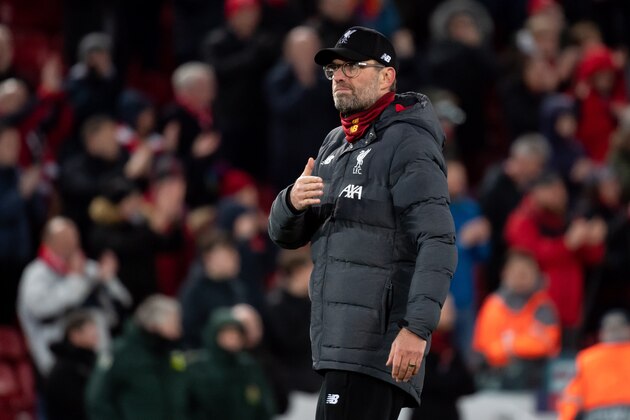 LIVERPOOL, ENGLAND - MARCH 11: (BILD ZEITUNG OUT) head coach Juergen Klopp of Liverpool FC looks on after the UEFA Champions League round of 16 second leg match between Liverpool FC and Atletico Madrid at Anfield on March 11, 2020 in Liverpool, United Kingdom. (Photo by Max Maiwald/DeFodi Images via Getty Images)
