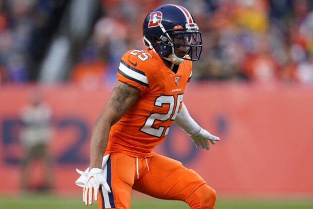 Denver Broncos cornerback Chris Harris (25) lines up against the Detroit Lions during the second half of an NFL football game, Sunday, Dec. 22, 2019, in Denver. (AP Photo/Jack Dempsey)