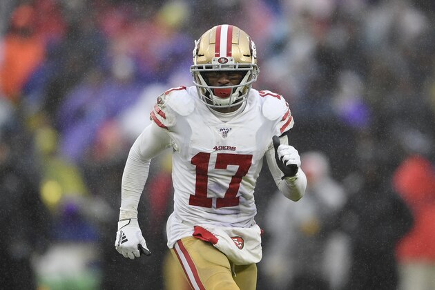 San Francisco 49ers wide receiver Emmanuel Sanders (17) in the second half of an NFL football game against the Baltimore Ravens, Sunday, Dec. 1, 2019, in Baltimore, Md. (AP Photo/Nick Wass) San Francisco 49ers wide receiver Emmanuel Sanders (17) in the second half of an NFL football game against the Baltimore Ravens, Sunday, Dec. 1, 2019, in Baltimore, Md. (AP Photo/Nick Wass)