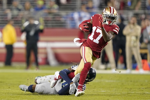 San Francisco 49ers wide receiver Emmanuel Sanders (17) is tackled by Seattle Seahawks cornerback Shaquill Griffin during the first half of an NFL football game in Santa Clara, Calif., Monday, Nov. 11, 2019. (AP Photo/Tony Avelar)