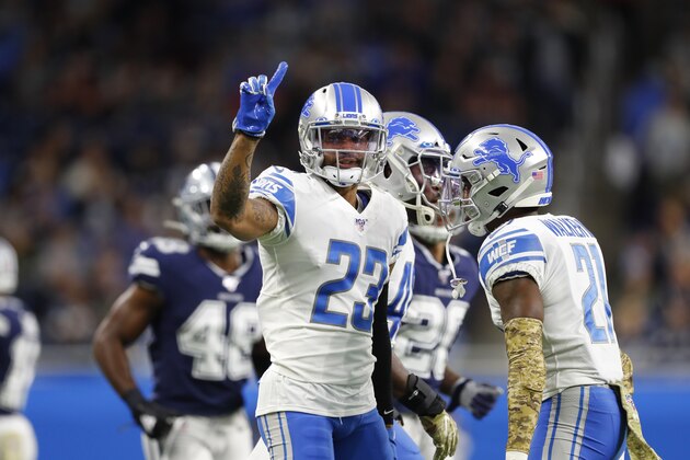 Detroit Lions cornerback Darius Slay reacts after breaking up a pass against the Dallas Cowboys during an NFL football game in Detroit, Sunday, Nov. 17, 2019. (AP Photo/Paul Sancya)