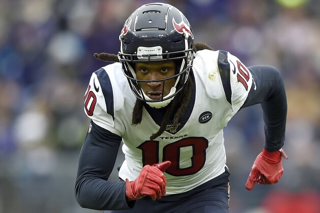 Houston Texans wide receiver DeAndre Hopkins (10) runs a route against the Baltimore Ravens during the first half of an NFL football game, Sunday, Nov. 17, 2019, in Baltimore. (AP Photo/Gail Burton)