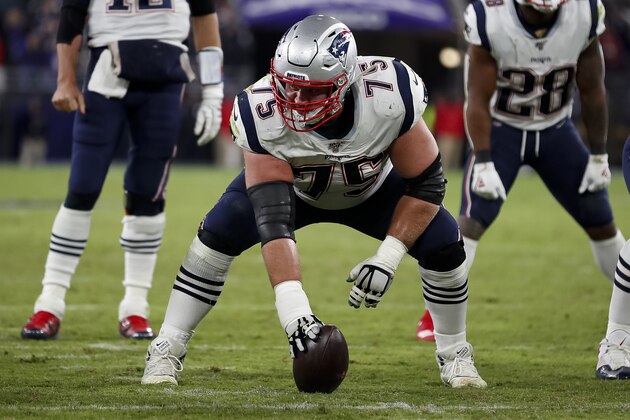 BALTIMORE, MD - NOVEMBER 03: Ted Karras #75 of the New England Patriots lines up against the Baltimore Ravens during the first half at M&T Bank Stadium on November 3, 2019 in Baltimore, Maryland. (Photo by Scott Taetsch/Getty Images)