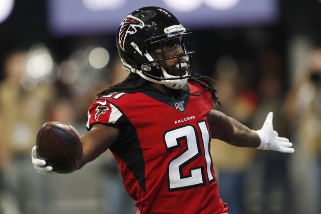 Atlanta Falcons cornerback Desmond Trufant (21) celebrates an interception against the Tampa Bay Buccaneers during the first half of an NFL football game, Sunday, Nov. 24, 2019, in Atlanta. (AP Photo/John Bazemore)