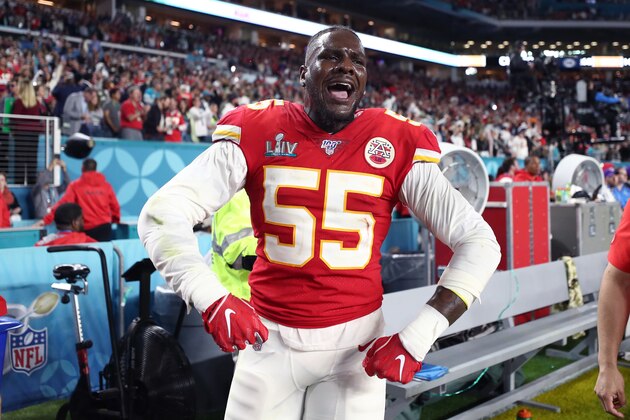 MIAMI, FLORIDA - FEBRUARY 02: reacts after defeating San Francisco 49ers by 31 - 20  in Super Bowl LIV at Hard Rock Stadium on February 02, 2020 in Miami, Florida. (Photo by Jamie Squire/Getty Images)