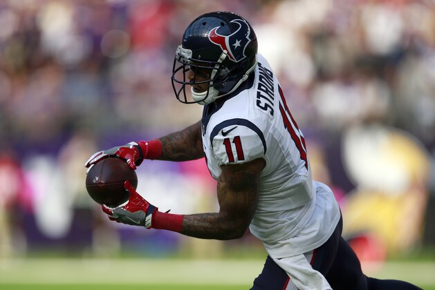 Houston Texans wide receiver Jaelen Strong (11) catches a pass against the Minnesota Vikings during an NFL football game Sunday, Oct. 9, 2016, in Minneapolis. (Jeff Haynes/AP Images for Panini) Houston Texans wide receiver Jaelen Strong (11) catches a pass against the Minnesota Vikings during an NFL football game Sunday, Oct. 9, 2016, in Minneapolis. (Jeff Haynes/AP Images for Panini)