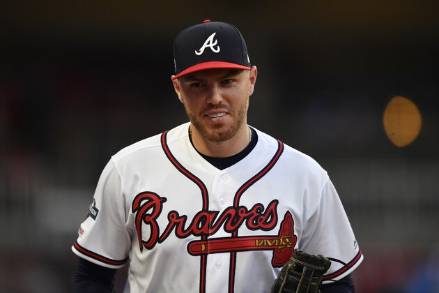 Atlanta Braves first baseman Freddie Freeman (5) is seen in the sixth inning during Game 1 of a best-of-five National League Division Series against the St. Louis Cardinals, Thursday, Oct. 3, 2019, in Atlanta. (AP Photo/John Amis)