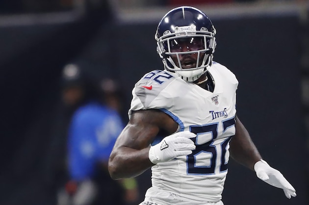 Tennessee Titans tight end Delanie Walker (82) in action during the first half of an NFL football game against the Atlanta Falcons, Sunday, Sept. 29, 2019, in Atlanta. (AP Photo/John Bazemore)