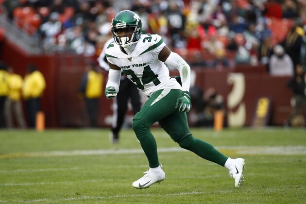 New York Jets cornerback Brian Poole (34) on the field during the second half of an NFL football game against the Washington Redskins, Sunday, Nov. 17, 2019, in Landover, Md. (AP Photo/Patrick Semansky)