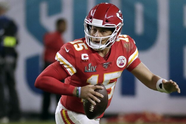Kansas City Chiefs' quarterback Patrick Mahomes rolls out against the San Francisco 49ers during the second half of the NFL Super Bowl 54 football game Sunday, Feb. 2, 2020, in Miami Gardens, Fla. (AP Photo/Matt York)