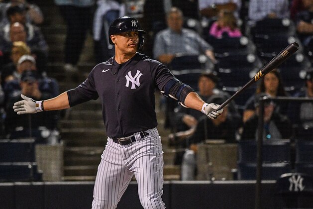 TAMPA, FLORIDA - FEBRUARY 24: Giancarlo Stanton #27 of the New York Yankees at bat in the first inning during the spring training game against the Pittsburgh Pirates at Steinbrenner Field on February 24, 2020 in Tampa, Florida. (Photo by Mark Brown/Getty Images)