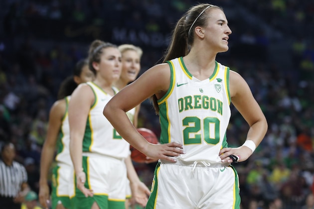 Oregon's Sabrina Ionescu (20) plays against Stanford during an NCAA college basketball game in the final of the Pac-12 women's tournament Sunday, March 8, 2020, in Las Vegas. (AP Photo/John Locher)