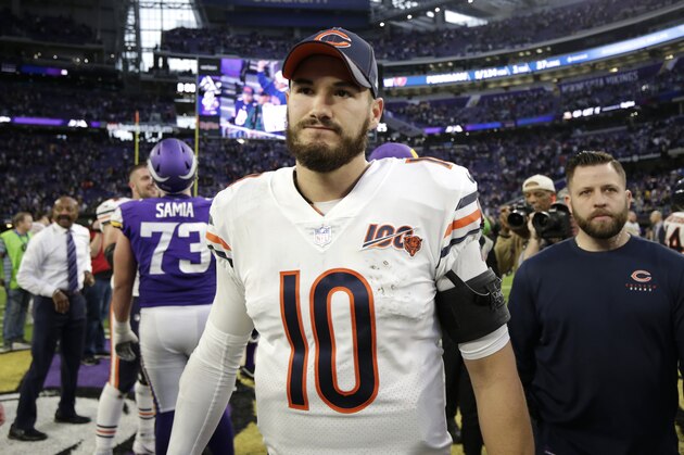 Chicago Bears quarterback Mitchell Trubisky walks off the field after an NFL football game against the Minnesota Vikings, Sunday, Dec. 29, 2019, in Minneapolis. The Bears won 21-19. (AP Photo/Andy Clayton-King) Chicago Bears quarterback Mitchell Trubisky walks off the field after an NFL football game against the Minnesota Vikings, Sunday, Dec. 29, 2019, in Minneapolis. The Bears won 21-19. (AP Photo/Andy Clayton-King)