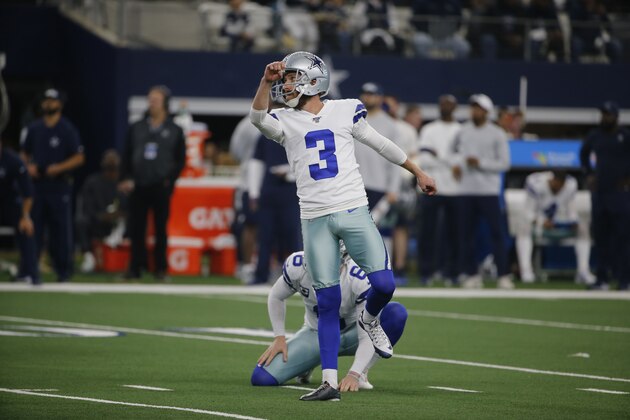 Dallas Cowboys kicker Kai Forbath (3) kicks a field goal against the Washington Redskins during the first half of an NFL football game in Arlington, Texas, Sunday, Dec. 15, 2019. (AP Photo/Michael Ainsworth)