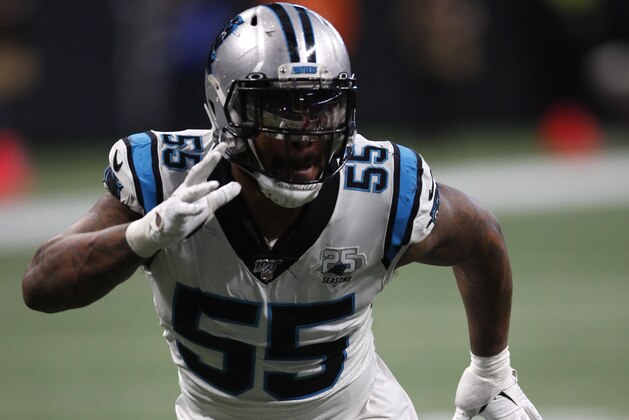 Carolina Panthers linebacker Bruce Irvin (55) rushes in against the Atlanta Falcons during an NFL football game, Sunday, Dec. 8, 2019, in Atlanta. The Falcons won the game 40-20. (Jeff Haynes/AP Images for Panini)