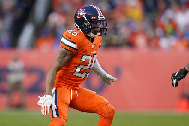 Denver Broncos cornerback Chris Harris (25) lines up against the Detroit Lions during the second half of an NFL football game, Sunday, Dec. 22, 2019, in Denver. (AP Photo/Jack Dempsey)
