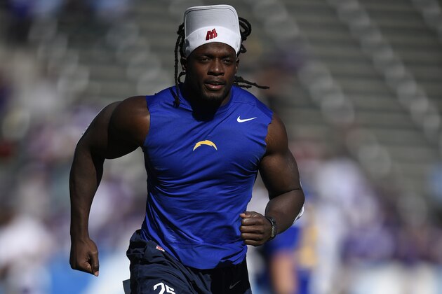 Los Angeles Chargers running back Melvin Gordon before an NFL football game against the Minnesota Vikings Sunday, Dec. 15, 2019, in Carson, Calif. (AP Photo/Kelvin Kuo)