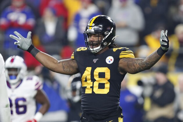 Pittsburgh Steelers outside linebacker Bud Dupree (48) plays during the first half of an NFL football game against the Buffalo Bills in Pittsburgh, Sunday, Dec. 15, 2019. (AP Photo/Keith Srakocic)