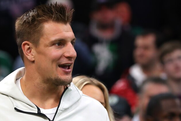 BOSTON, MASSACHUSETTS - DECEMBER 06: Former New England Patriots player Rob Gronkowski looks on during the game between the Boston Celtics and the Denver Nuggets  at TD Garden on December 06, 2019 in Boston, Massachusetts. The Celtics defeat the Nuggets 108-95. (Photo by Maddie Meyer/Getty Images)
