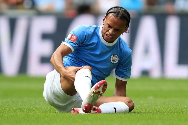 LONDON, ENGLAND - AUGUST 04: Leroy Sane of Manchester City reacts to an injury during the FA Community Shield match between Liverpool and Manchester City at Wembley Stadium on August 4, 2019 in London, England. (Photo by Marc Atkins/Getty Images)