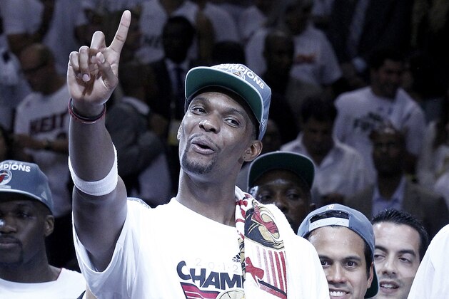 MIAMI, FL - JUNE 21: Chris Bosh #1 of the Miami Heat celebrates after Game Five of the 2012 NBA Finals against the Oklahoma City Thunder on June 21, 2012 at American Airlines Arena in Miami, Florida. NOTE TO USER: User expressly acknowledges and agrees that, by downloading and/or using this photograph, user is consenting to the terms and conditions of the Getty Images License Agreement. Mandatory Copyright Notice: Copyright 2012 NBAE (Photo by Chris Elise/NBAE via Getty Images)