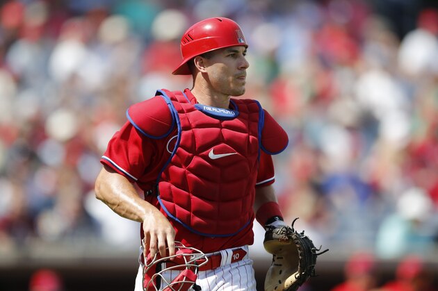Philadelphia Phillies catcher J.T. Realmuto is seen during a spring training baseball game, Wednesday, March 4, 2020, in Clearwater, Fla. (AP Photo/Carlos Osorio)