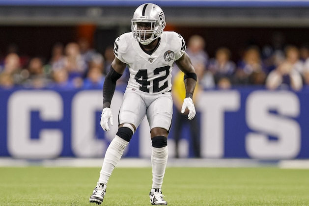 INDIANAPOLIS, IN - SEPTEMBER 29: Karl Joseph #42 of the Oakland Raiders is seen during the game against the Indianapolis Colts at Lucas Oil Stadium on September 29, 2019 in Indianapolis, Indiana. (Photo by Michael Hickey/Getty Images)