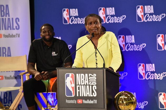 OAKLAND, CA - JUNE 6: NBPA Executive Director Michele Roberts speaks to the crowd as she takes part in the 2019 NBA Finals Cares Legacy Project as part of the 2019 NBA Finals on June 6, 2019 at the Ira Jinkins Recreation Center in Oakland, California. NOTE TO USER: User expressly acknowledges and agrees that, by downloading and or using this photograph, User is consenting to the terms and conditions of the Getty Images License Agreement. Mandatory Copyright Notice: Copyright 2019 NBAE (Photo by David Dow/NBAE via Getty Images)