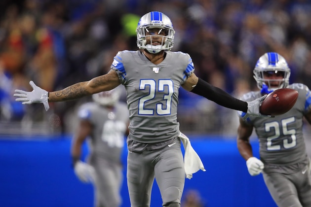 DETROIT, MICHIGAN - NOVEMBER 28: Darius Slay #23 of the Detroit Lions celebrates his second half interception against the Chicago Bears at Ford Field on November 28, 2019 in Detroit, Michigan. Chicago won the game 24-20. (Photo by Gregory Shamus/Getty Images)