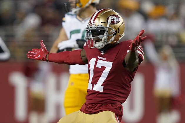 San Francisco 49ers wide receiver Emmanuel Sanders (17) reacts against the Green Bay Packers during the first half of an NFL football game in Santa Clara, Calif., Sunday, Nov. 24, 2019. (AP Photo/Tony Avelar)