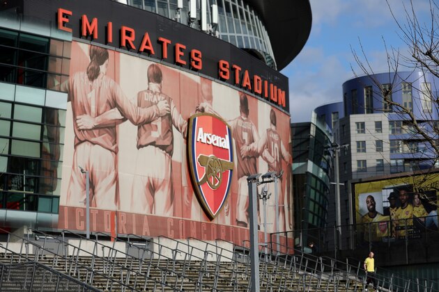 A general view is pictured of the Emirates Stadium in London on March 13, 2020. - The English Premier League suspended all fixtures until April 4 on Friday after Arsenal manager Mikel Arteta and Chelsea winger Callum Hudson-Odoi tested positive for coronavirus. (Photo by ISABEL INFANTES / AFP) (Photo by ISABEL INFANTES/AFP via Getty Images)