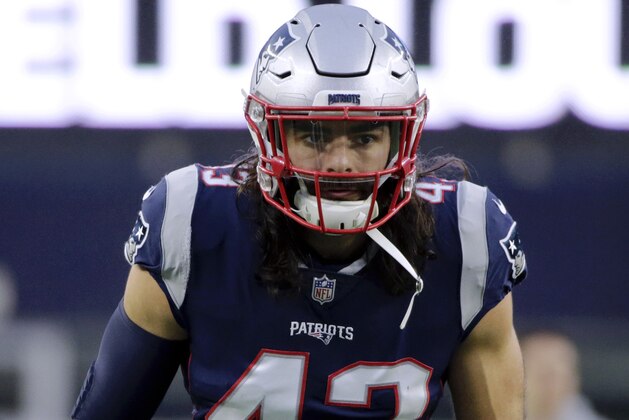 New England Patriots defensive back Nate Ebner warms up before an NFL football game against the Minnesota Vikings, Sunday, Dec. 2, 2018, in Foxborough, Mass. (AP Photo/Elise Amendola)