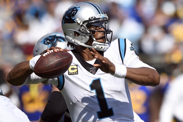 Carolina Panthers quarterback Cam Newton (1) looks to pass against the Los Angeles Rams during the second half of an NFL football game in Charlotte, N.C., Sunday, Sept. 8, 2019. (AP Photo/Mike McCarn)