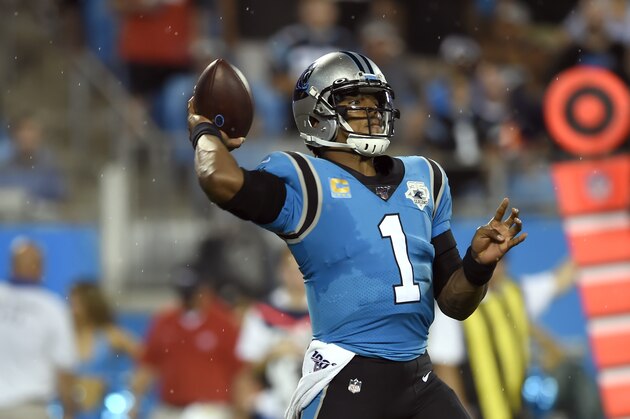 Carolina Panthers quarterback Cam Newton (1) passes during the first half of an NFL football game against the Tampa Bay Buccaneers in Charlotte, N.C., Thursday, Sept. 12, 2019. (AP Photo/Mike McCarn)