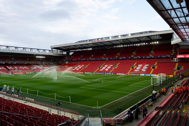 LIVERPOOL, ENGLAND - MARCH 11: (BILD ZEITUNG OUT) general view inside the empty stadium prior to the UEFA Champions League round of 16 second leg match between Liverpool FC and Atletico Madrid at Anfield on March 11, 2020 in Liverpool, United Kingdom. (Photo by Max Maiwald/DeFodi Images via Getty Images)
