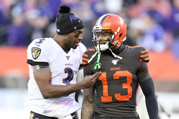 Baltimore Ravens quarterback Robert Griffin III (3) talks to Cleveland Browns wide receiver Odell Beckham Jr. (13) after an NFL football game, Sunday, Dec. 22, 2019, in Cleveland. The Ravens won 31-15.(AP Photo/David Richard) Baltimore Ravens quarterback Robert Griffin III (3) talks to Cleveland Browns wide receiver Odell Beckham Jr. (13) after an NFL football game, Sunday, Dec. 22, 2019, in Cleveland. The Ravens won 31-15.(AP Photo/David Richard)