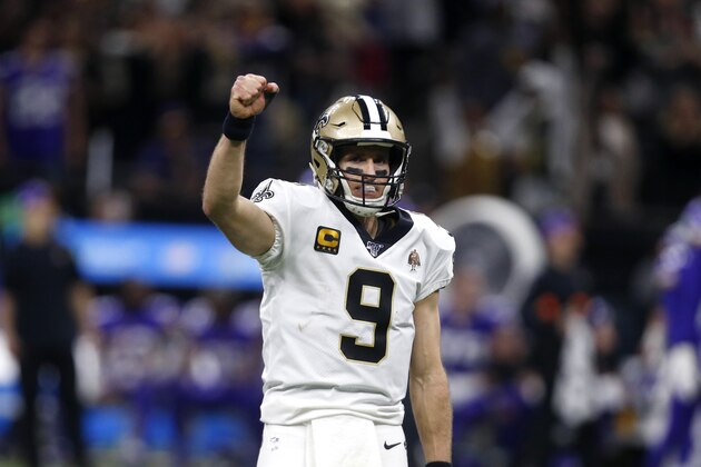 New Orleans Saints quarterback Drew Brees (9) celebrates after throwing a touchdown pass to Taysom Hill in the second half of an NFL wild-card playoff football game against the Minnesota Vikings, Sunday, Jan. 5, 2020, in New Orleans. (AP Photo/Butch Dill) New Orleans Saints quarterback Drew Brees (9) celebrates after throwing a touchdown pass to Taysom Hill in the second half of an NFL wild-card playoff football game against the Minnesota Vikings, Sunday, Jan. 5, 2020, in New Orleans. (AP Photo/Butch Dill)