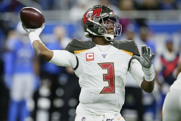 Tampa Bay Buccaneers quarterback Jameis Winston (3) passes the ball against the Detroit Lions during the first half of an NFL football game, Sunday, Dec. 15, 2019, in Detroit. (AP Photo/Duane Burleson)