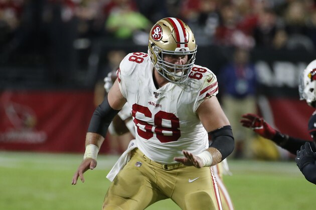 San Francisco 49ers offensive guard Mike Person (68) during the first half of an NFL football game against the Arizona Cardinals, Thursday, Oct. 31, 2019, in Glendale, Ariz. (AP Photo/Rick Scuteri)
