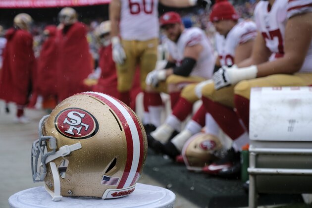 A San Francisco 49ers helmet sits on the 49ers sideline in the first half of an NFL football game between the 49ers and the Washington Redskins, Sunday, Oct. 20, 2019, in Landover, Md. (AP Photo/Mark Tenally) A San Francisco 49ers helmet sits on the 49ers sideline in the first half of an NFL football game between the 49ers and the Washington Redskins, Sunday, Oct. 20, 2019, in Landover, Md. (AP Photo/Mark Tenally)