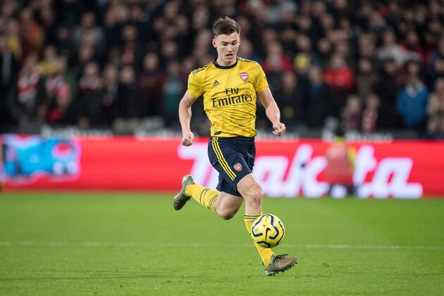 LONDON, ENGLAND - DECEMBER 09: Kieran Tierney of Arsenal FC control ball during the Premier League match between West Ham United and Arsenal FC at London Stadium on December 9, 2019 in London, United Kingdom. (Photo by Sebastian Frej/MB Media/Getty Images)