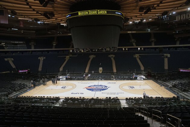 Madison Square Garden is shown after NCAA college basketball games in the men's Big East Conference tournament were cancelled due to concerns about the coronavirus, Thursday, March 12, 2020, in New York. The major conferences in college sports have all cancelled their basketball tournaments because of the new coronavirus, putting the celebrated NCAA Tournament in doubt.Â (AP Photo/Mary Altaffer)