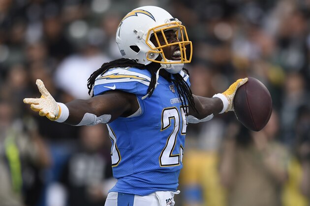 Los Angeles Chargers running back Melvin Gordon celebrates after scoring during the first half of an NFL football game against the Oakland Raiders Sunday, Dec. 22, 2019, in Carson, Calif. (AP Photo/Kelvin Kuo)