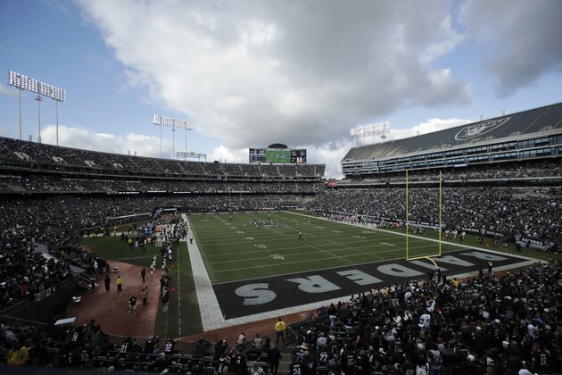 A general view of RingCentral Coliseum during the first half of an NFL football game between the Oakland Raiders and the Tennessee Titans in Oakland, Calif., Sunday, Dec. 8, 2019. (AP Photo/Jeff Chiu)