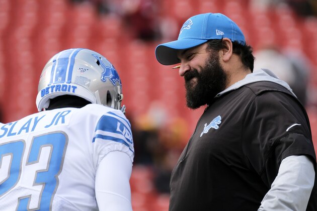 Detroit Lions head coach Matt Patricia (right) talks with Detroit Lions cornerback Darius Slay (left) prior to an NFL football game between the Detroit Lions and Washington Redskins, Sunday, Nov. 24, 2019, in Landover, Md. (AP Photo/Mark Tenally)