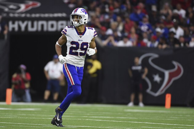 Buffalo Bills cornerback Kevin Johnson (29) lines up against the Houston Texans during the first half of an NFL wild-card playoff football game Saturday, Jan. 4, 2020, in Houston. (AP Photo/Eric Christian Smith)