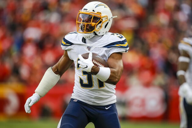 KANSAS CITY, MO - DECEMBER 29: Adrian Phillips #31 of the Los Angeles Chargers returns an first quarter interception against the Kansas City Chiefs at Arrowhead Stadium on December 29, 2019 in Kansas City, Missouri. The interception was called back due to a Chargers penalty. (Photo by David Eulitt/Getty Images)